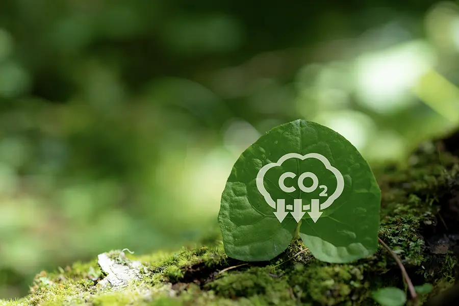 A green leaf with a symbol showing CO2 decreasing.